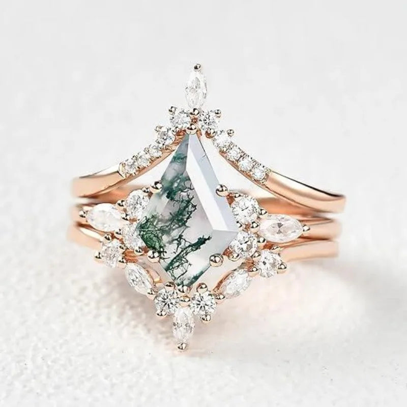 CapeGlow® Lulama – Moss Agate Crown Ring Set💚 Capeglow