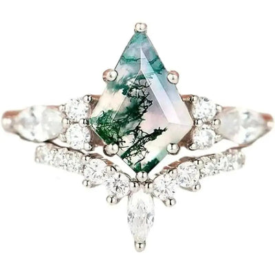 CapeGlow® Lulama – Moss Agate Crown Ring Set💚