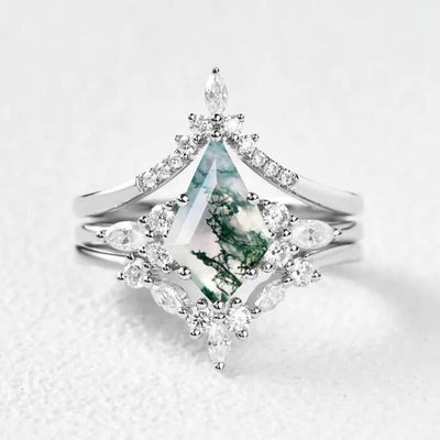 CapeGlow® Lulama – Moss Agate Crown Ring Set💚