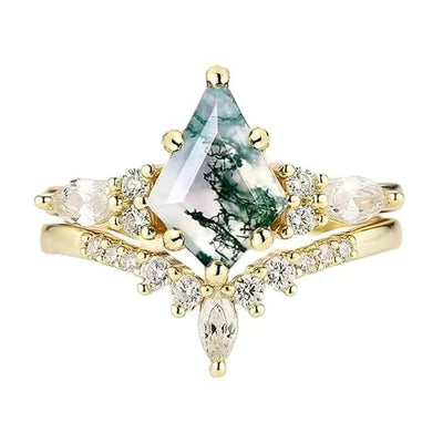 CapeGlow® Lulama – Moss Agate Crown Ring Set💚