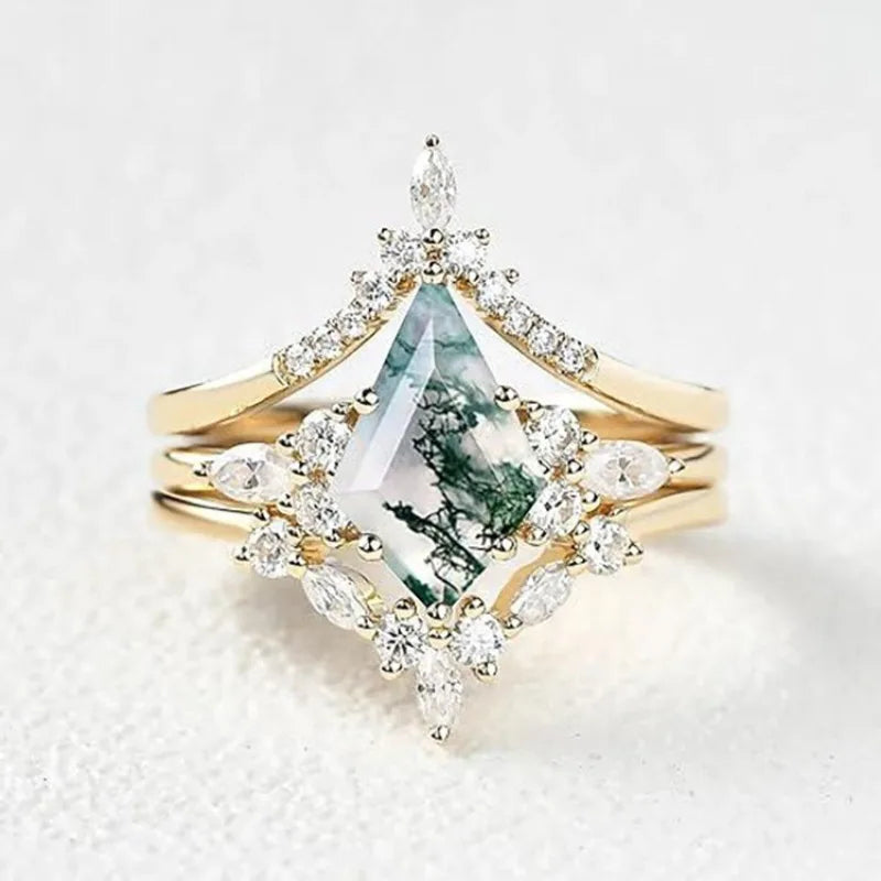 CapeGlow® Lulama – Moss Agate Crown Ring Set💚