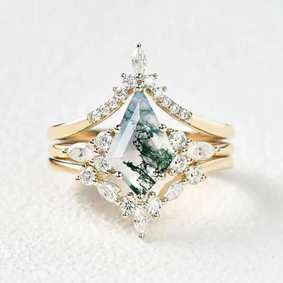 CapeGlow® Lulama – Moss Agate Crown Ring Set💚