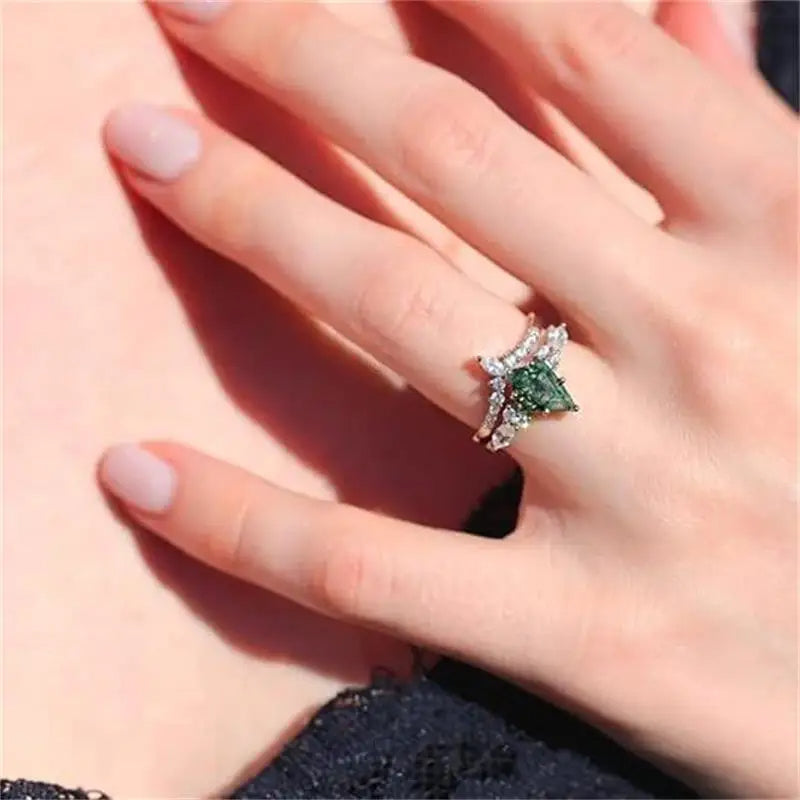 CapeGlow® Lulama – Moss Agate Crown Ring Set💚 Capeglow