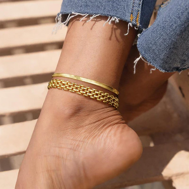 2pc 14k Gold Plated Chunky Link Anklet Set - Brick & Flat Cuban Styles