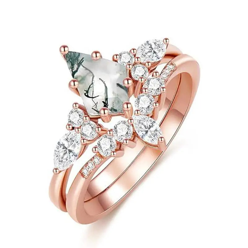 CapeGlow® Lulama – Moss Agate Crown Ring Set💚