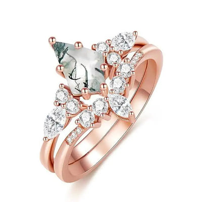 CapeGlow® Lulama – Moss Agate Crown Ring Set💚