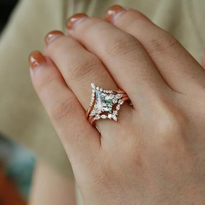 CapeGlow® Lulama – Moss Agate Crown Ring Set💚 Capeglow