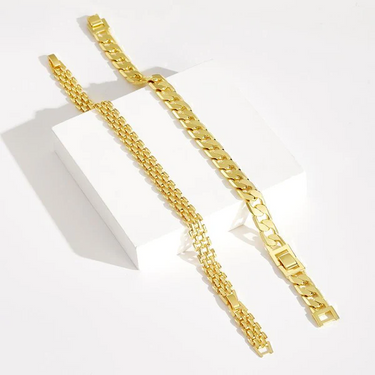 2pc 14k Gold Plated Chunky Link Anklet Set - Brick & Flat Cuban Styles