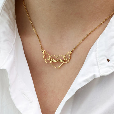CapeGlow® Custom Angel Wings Heart Name Necklace