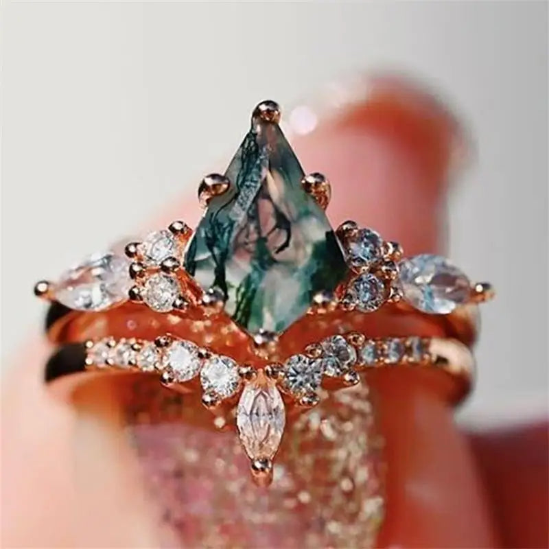 CapeGlow® Lulama – Moss Agate Crown Ring Set💚