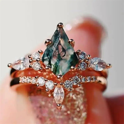 CapeGlow® Lulama – Moss Agate Crown Ring Set💚