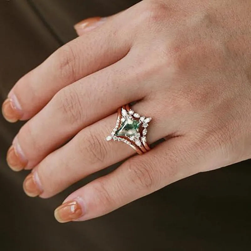 CapeGlow® Lulama – Moss Agate Crown Ring Set💚
