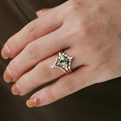 CapeGlow® Lulama – Moss Agate Crown Ring Set💚