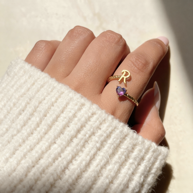 Adjustable "Mermaid Tail" Initial Ring with Rainbow Heart Stone - Hypoallergenic Stainless Steel