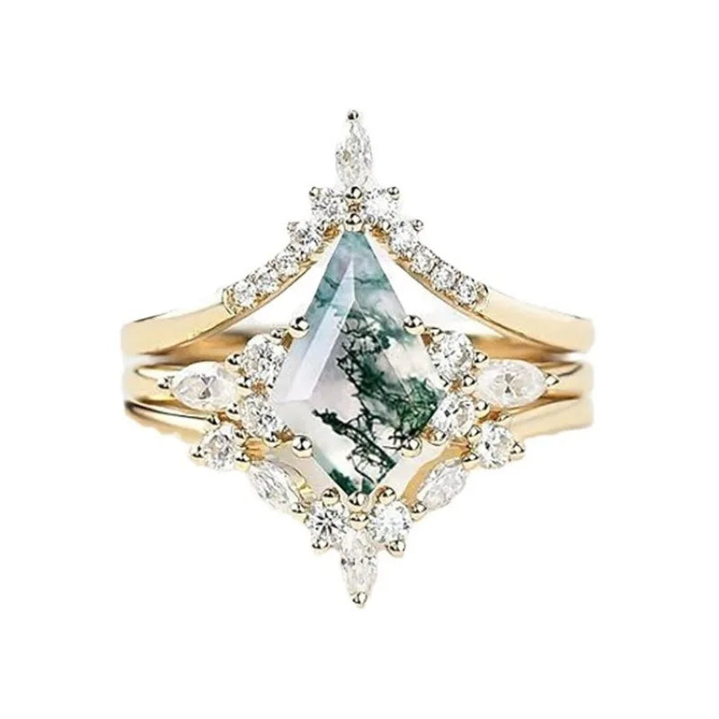 CapeGlow® Lulama – Moss Agate Crown Ring Set💚