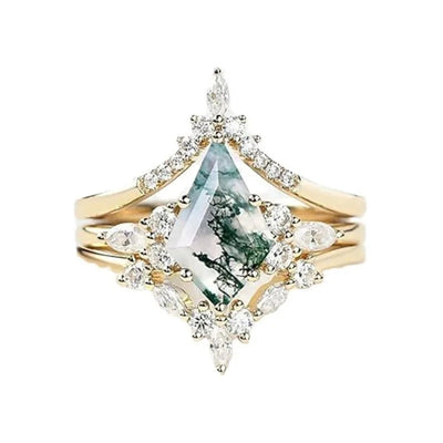 CapeGlow® Lulama – Moss Agate Crown Ring Set💚