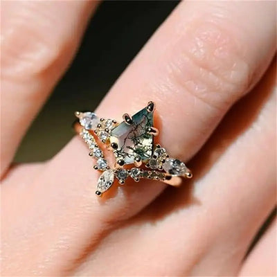 CapeGlow® Lulama – Moss Agate Crown Ring Set💚