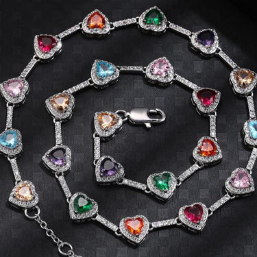 Stunning Multi-Colored Heart Gemstone Necklace with Crystal Accents