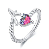 Adjustable "Mermaid Tail" Initial Ring with Rainbow Heart Stone - Hypoallergenic Stainless Steel