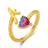 Adjustable "Mermaid Tail" Initial Ring with Rainbow Heart Stone - Hypoallergenic Stainless Steel