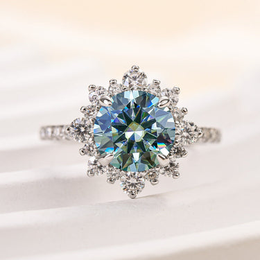 Louily 2 Ct Snowflake Design Halo Round Cyan Blue Moissanite Stone Engagement Ring
