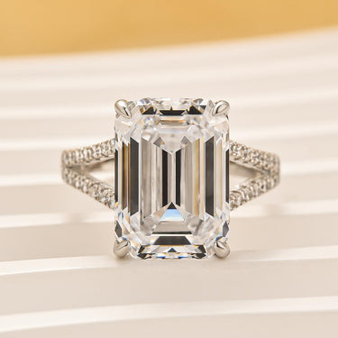 10.0Ct Emerald Cut Split Shank Engagement Ring In Sterling Silver