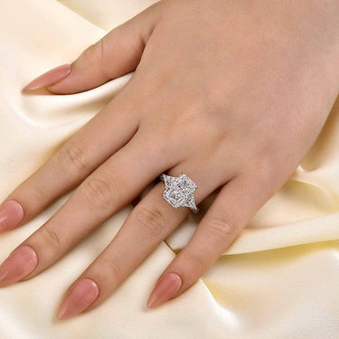 5.0 Carat Radiant Cut Three Stone Engagement Ring With Hidden Halo