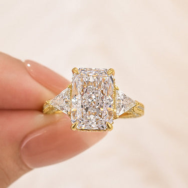 5.0 Carat Radiant Cut Three Stone Engagement Ring With Hidden Halo