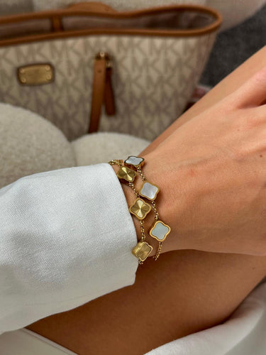 Celine Clover Bracelet - 18K Gold-Plated, Mother of Pearl & Black Enamel