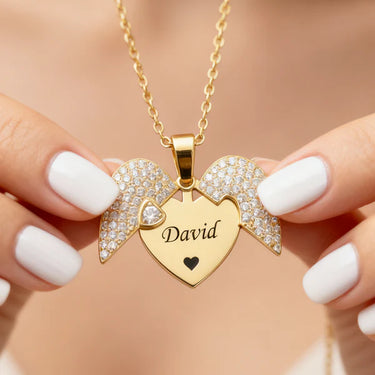 CapeGlow® Golden Heart Wings – Personalized Name & Date Angel Necklace