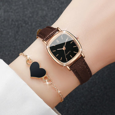 CapeGlow® 2-PC Women's Watch Set - Fashion Square Leather Band Quartz Watch & Heart Bracelet