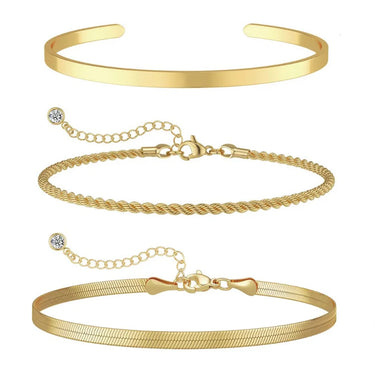 Gold Sparkle 3-Piece Waterproof Bracelet Set - 14K Gold Plated Snake Chain & Cuban Link Bangle for Women & Girls