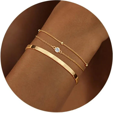 Gold Sparkle 3-Piece Waterproof Bracelet Set - 14K Gold Plated Snake Chain & Cuban Link Bangle for Women & Girls