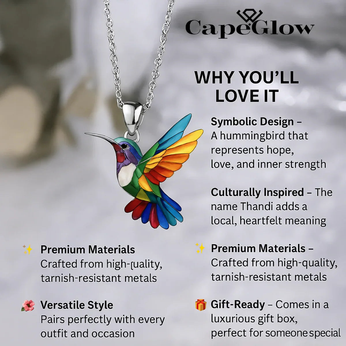 Capeglow® Thandi – Elegant Hummingbird Necklace Capeglow