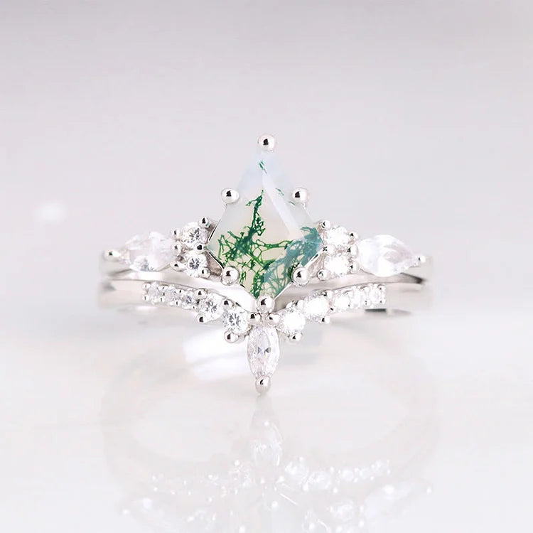 CapeGlow® Lulama – Moss Agate Crown Ring Set💚