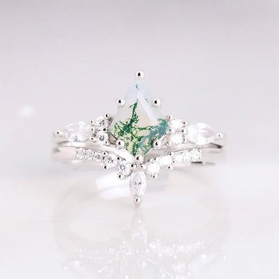 CapeGlow® Lulama – Moss Agate Crown Ring Set💚