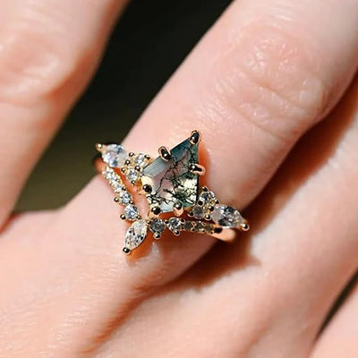 CapeGlow® Lulama – Moss Agate Crown Ring Set💚