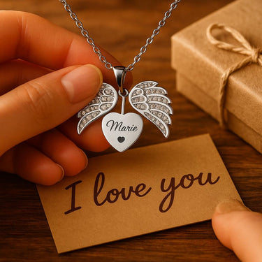 A sentimental scene with a hand holding the necklace close to a heartfelt handwritten note or a small gift box, capturing the emotional significance of the personalized keepsake, set in warm, cozy lighting.