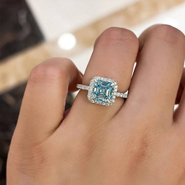 Louily 2 Ct Exclusive Halo Asscher Cut Light Aquamarine Blue Engagement Ring