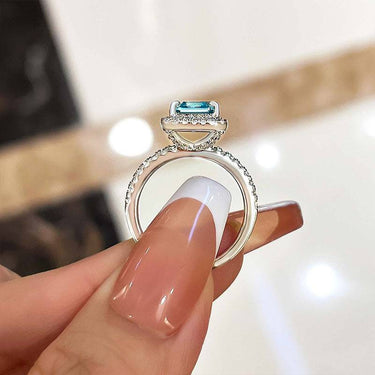 Louily 2 Ct Exclusive Halo Asscher Cut Light Aquamarine Blue Engagement Ring