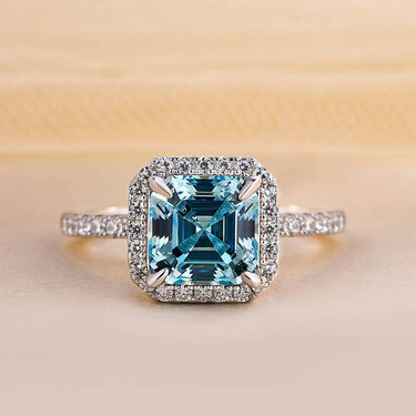 Louily 2 Ct Exclusive Halo Asscher Cut Light Aquamarine Blue Engagement Ring