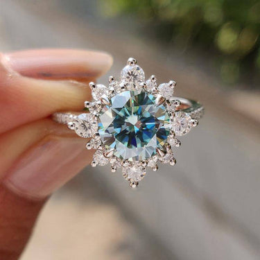 Louily 2 Ct Snowflake Design Halo Round Cyan Blue Moissanite Stone Engagement Ring